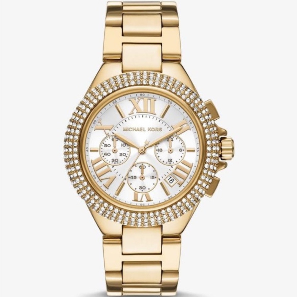 Michael Kors Gold Chronograph Watch with Crystal Bezel